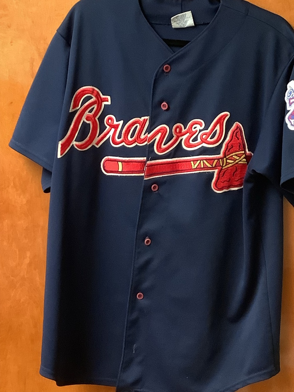 Braves Navy Button-Up Jersey w/Red Script, Hank Aron 25th, 175 anniversary. 881